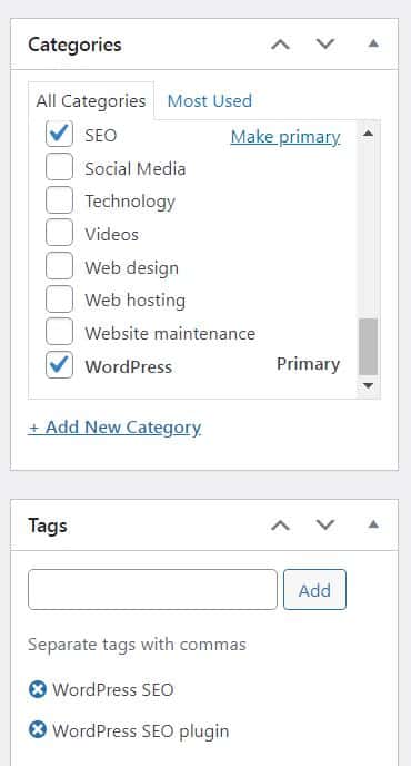 WordPress SEO categories and tags