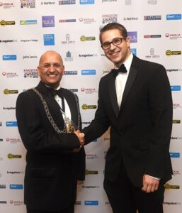 The Mayor of Kingston Upon Thames (2015-2016) Councillor Roy Arora (left) presenting me (right) with the award for Best Creative and Media Sector business 2015.