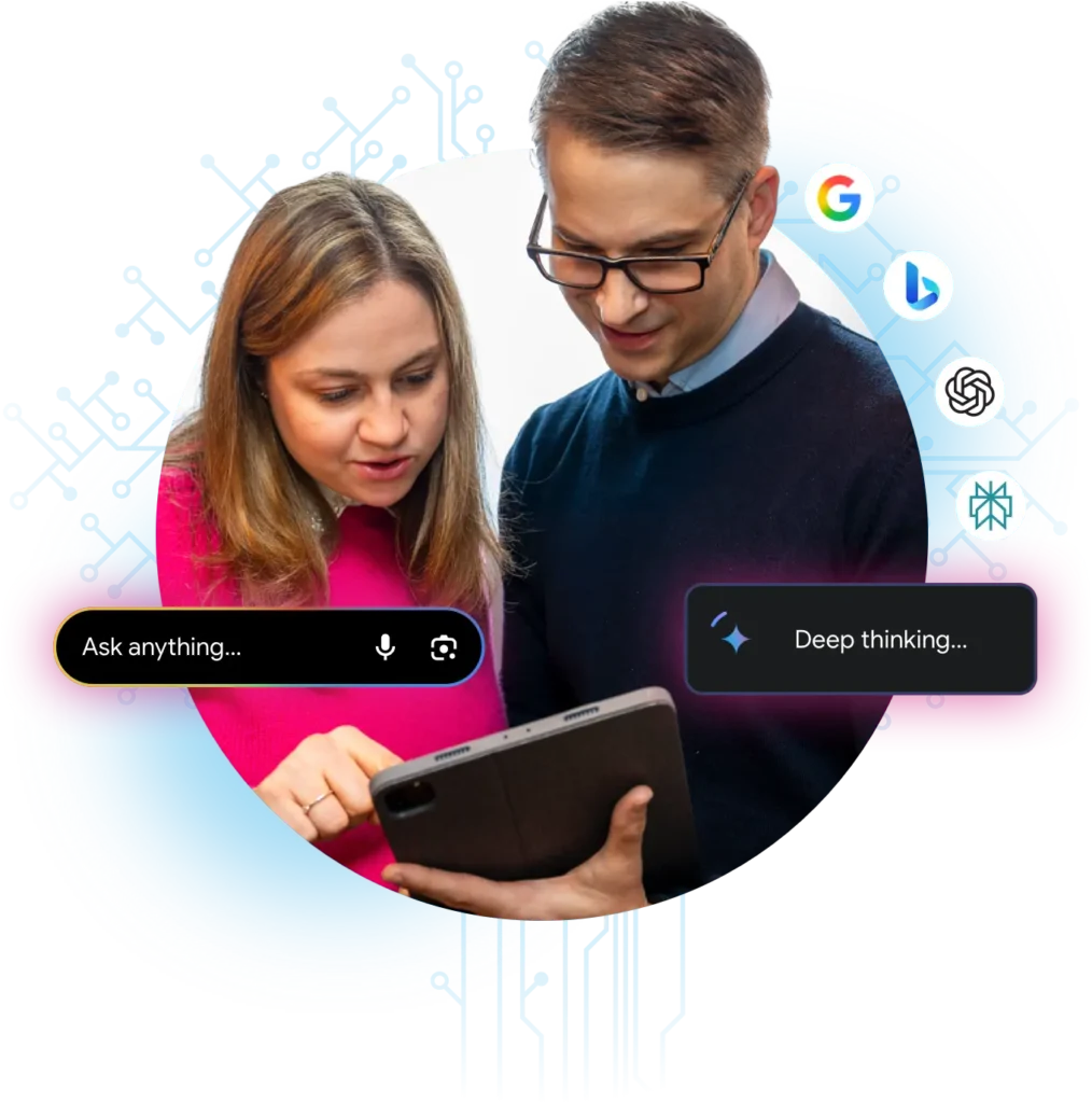 Steve and Emma interacting with AI and SEO interfaces