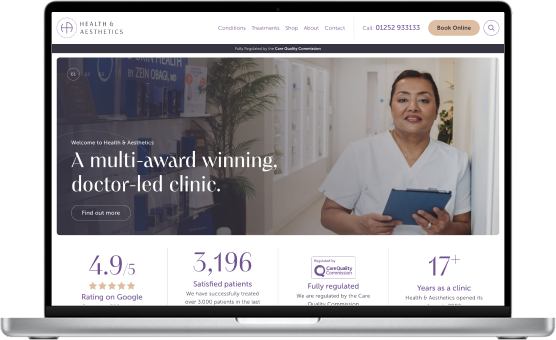 Health and Aesthetics website on a desktop machine